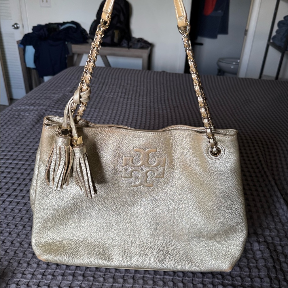 Gold Leather Tory Burch Tote Bag with Tassels